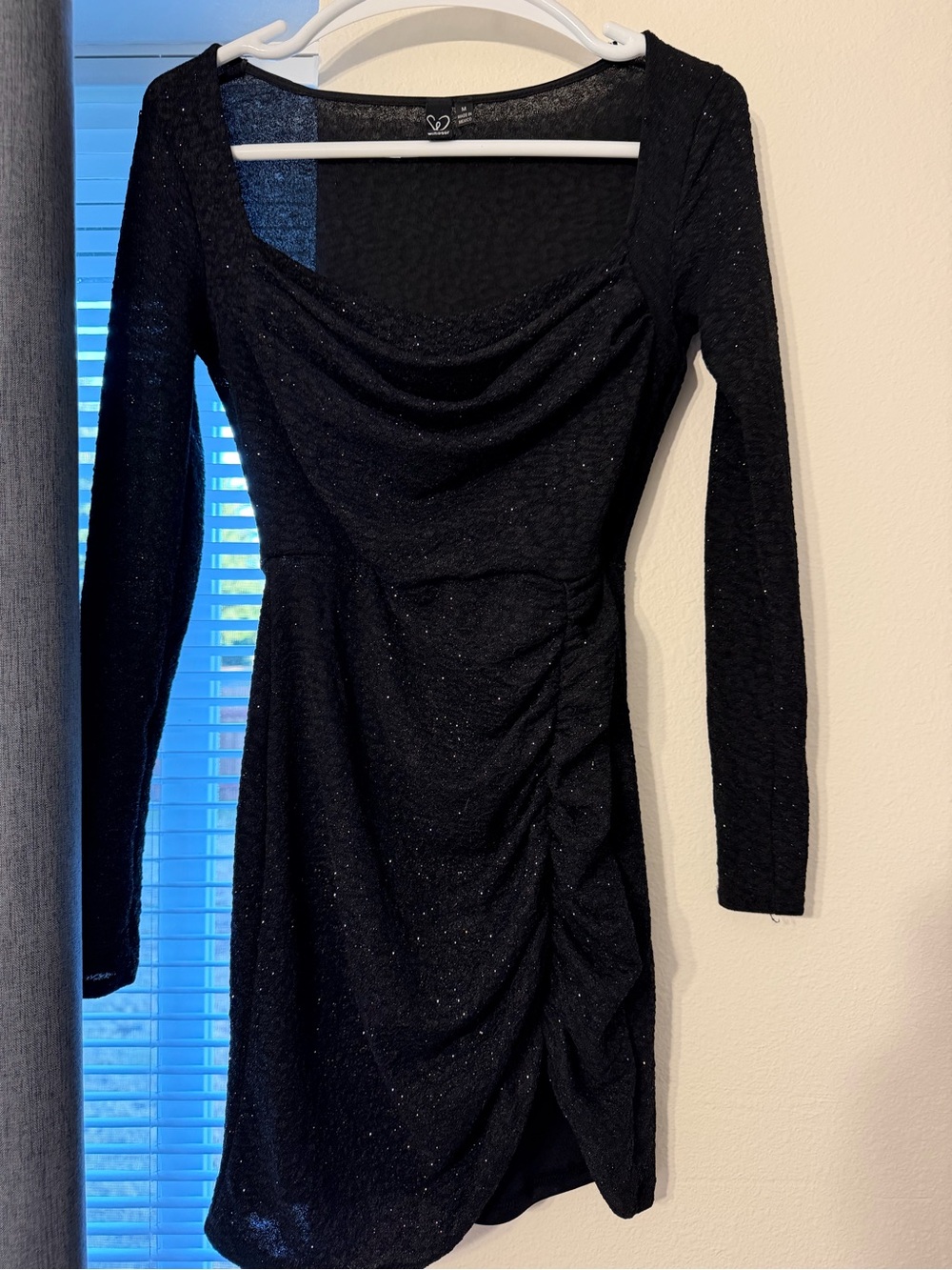 Windsor Black Sparkle Long-Sleeve Ruched Sheath Dress